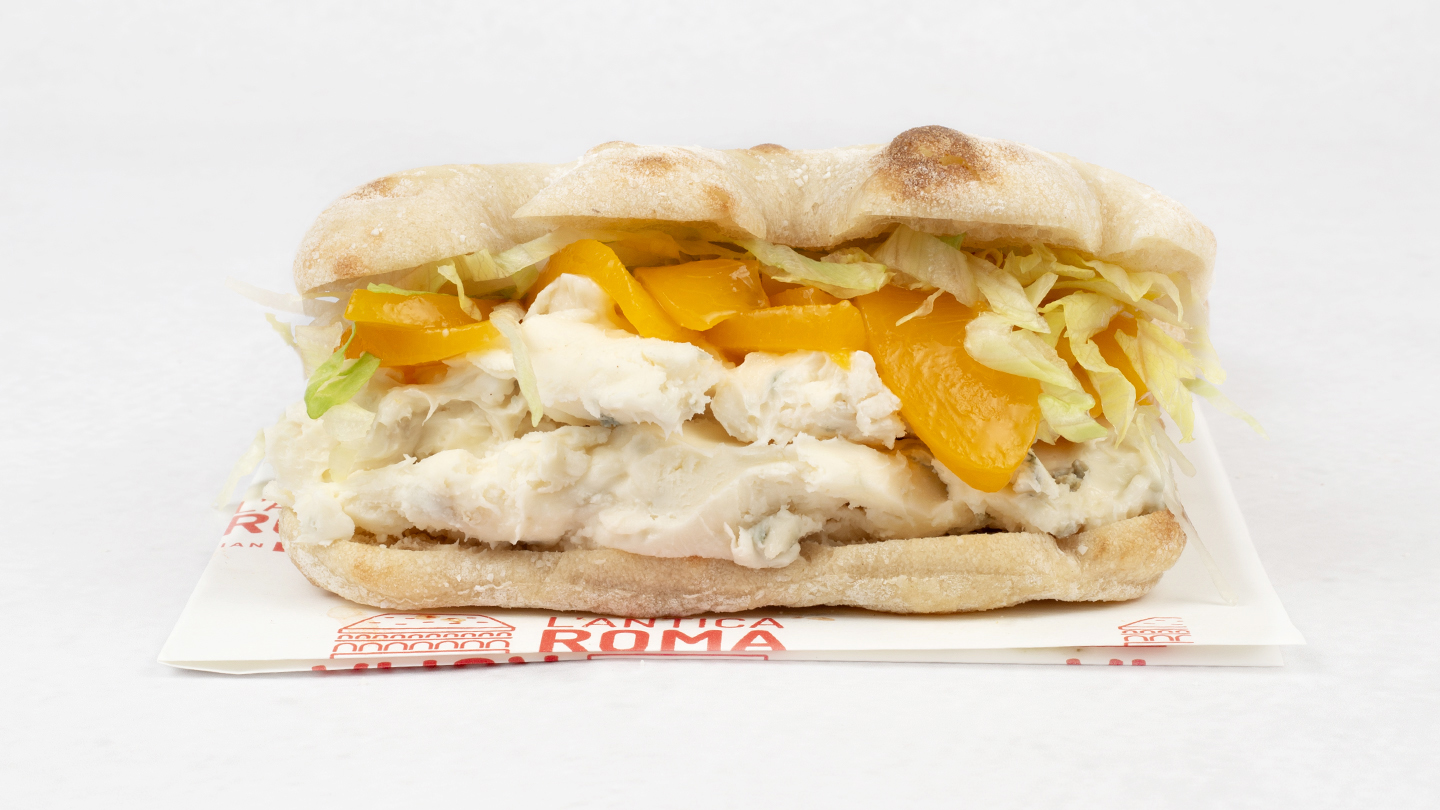 Focaccia Gorgonzola — Gorgonzola, karmelizowane brzoskwinie, sałata, miód