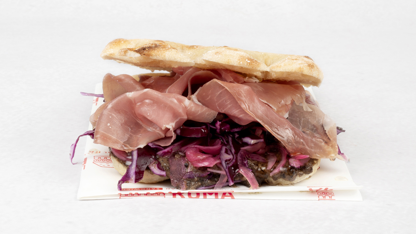 Focaccia Nuova Milano — Szynka parmeńska, grzyby i trufla, czerwona kapusta, cebula słodko-kwaśna, miód